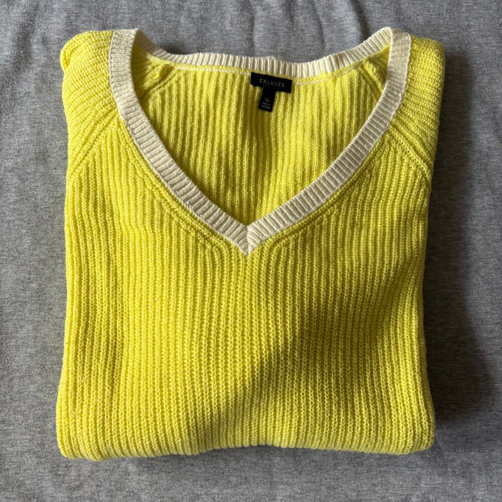 Talbots XL Yellow Knit Sweater with White Trim